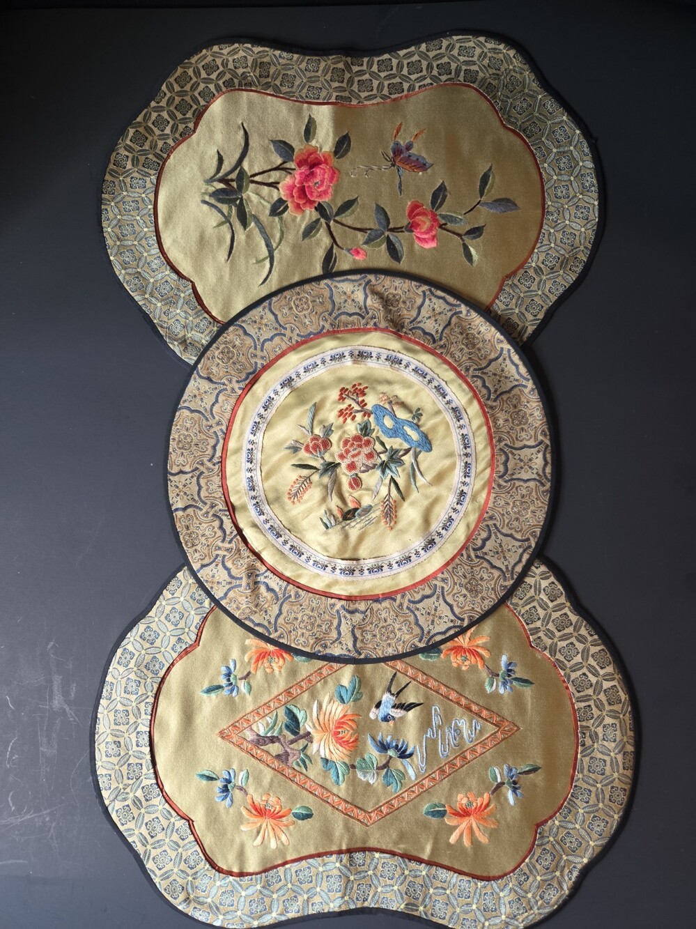 Vintage Chinese Embroidered Silk Bird , Butterfly, Flower detail (3) place mats